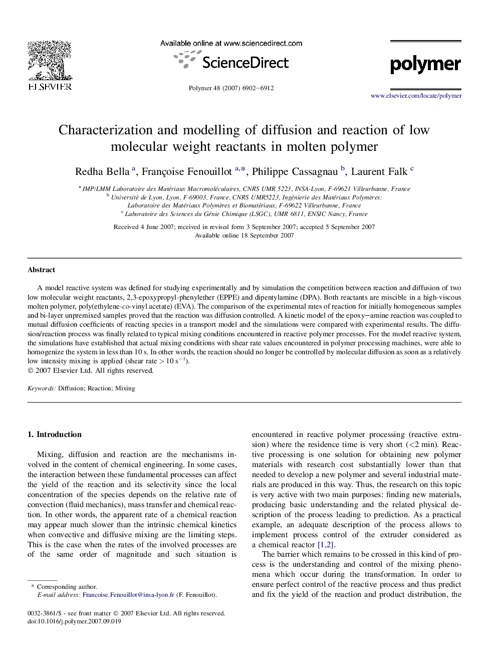 Characterization and modelling of diffusion and reaction of low molecular weight reactants in molten polymer