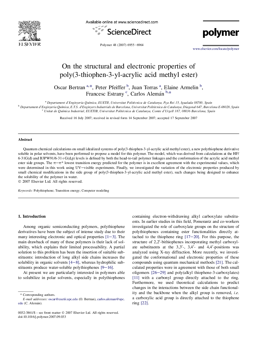 On the structural and electronic properties of poly(3-thiophen-3-yl-acrylic acid methyl ester)