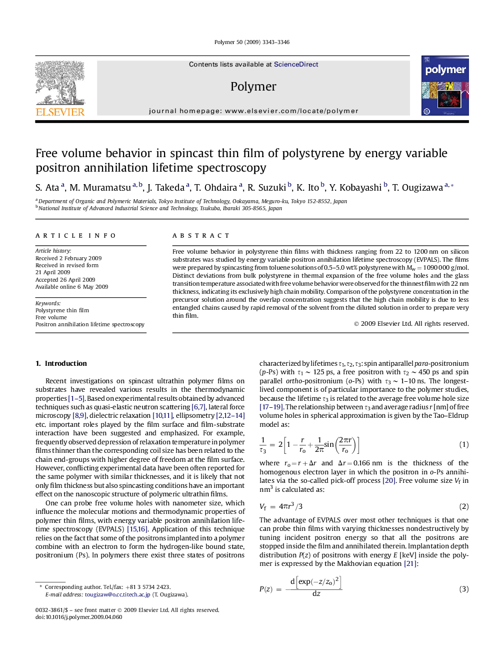 Free volume behavior in spincast thin film of polystyrene by energy variable positron annihilation lifetime spectroscopy