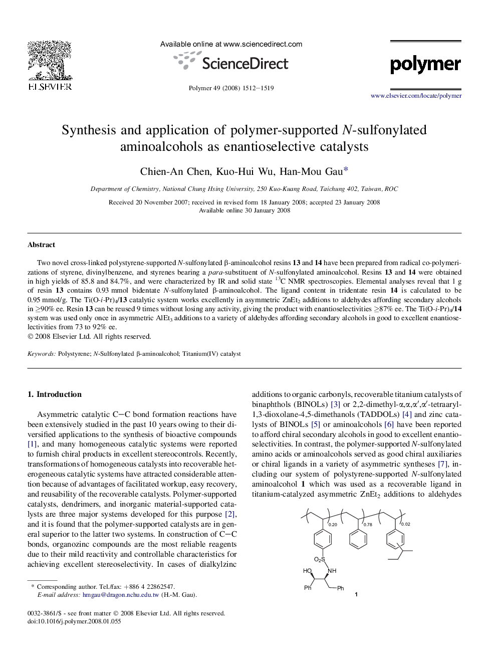 Synthesis and application of polymer-supported N-sulfonylated aminoalcohols as enantioselective catalysts