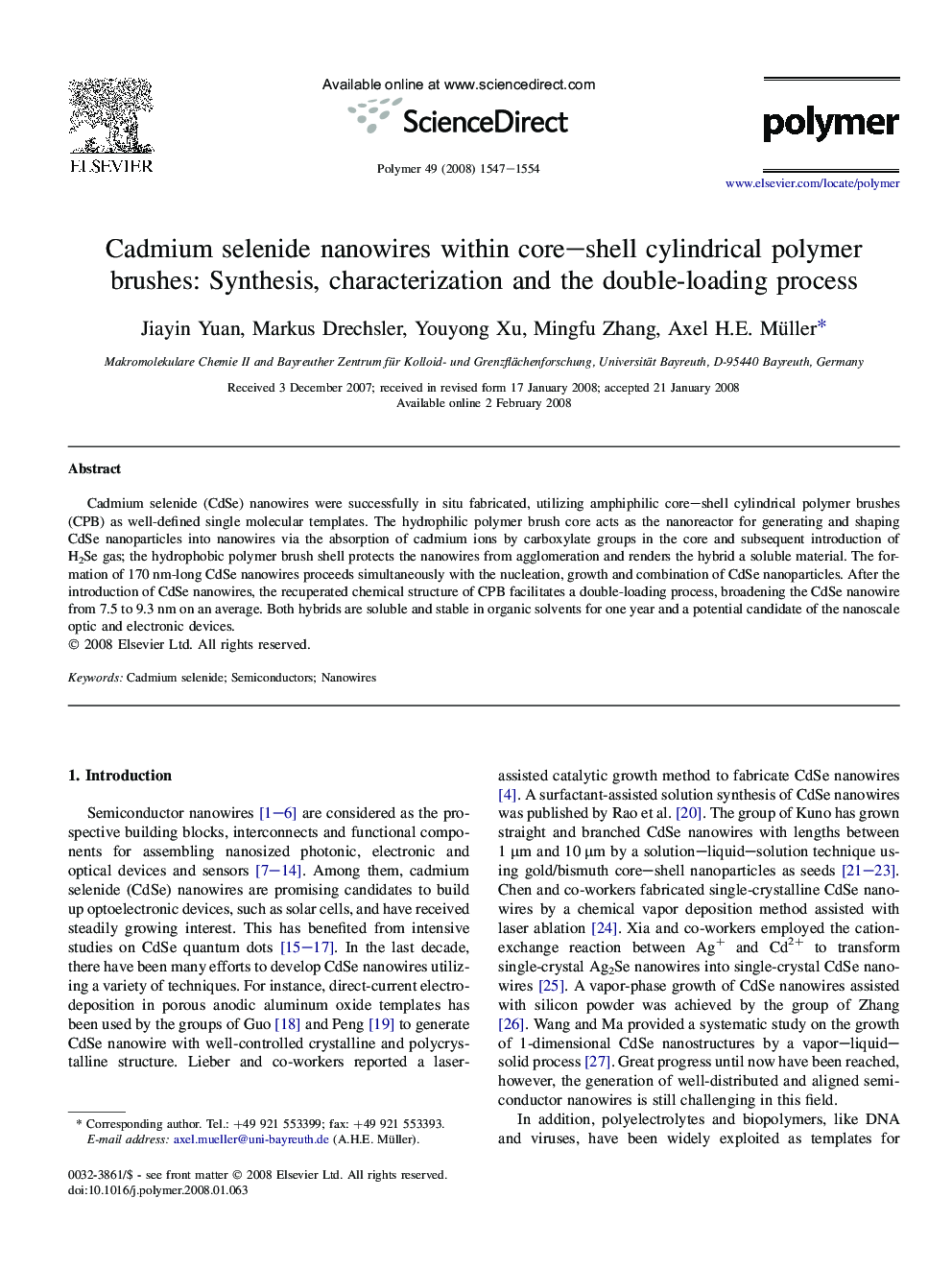 Cadmium selenide nanowires within core-shell cylindrical polymer brushes: Synthesis, characterization and the double-loading process