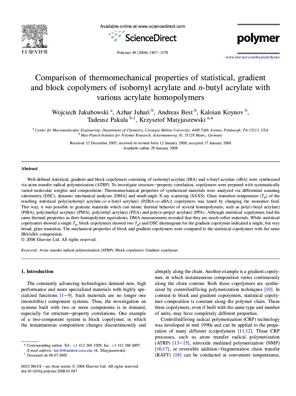 Comparison of thermomechanical properties of statistical, gradient and block copolymers of isobornyl acrylate and n-butyl acrylate with various acrylate homopolymers