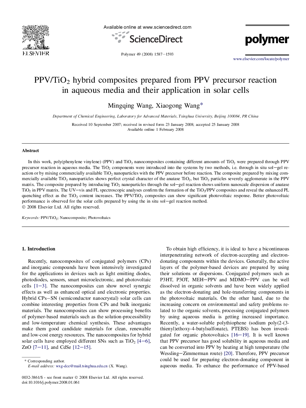 عکس صفحه اول مقاله: PPV/TiO2 hybrid composites prepared from PPV precursor reaction in aqueous media and their application in solar cells PPV/TiO2 hybrid composites prepared from PPV precursor reaction in aqueous media and their application in solar cells