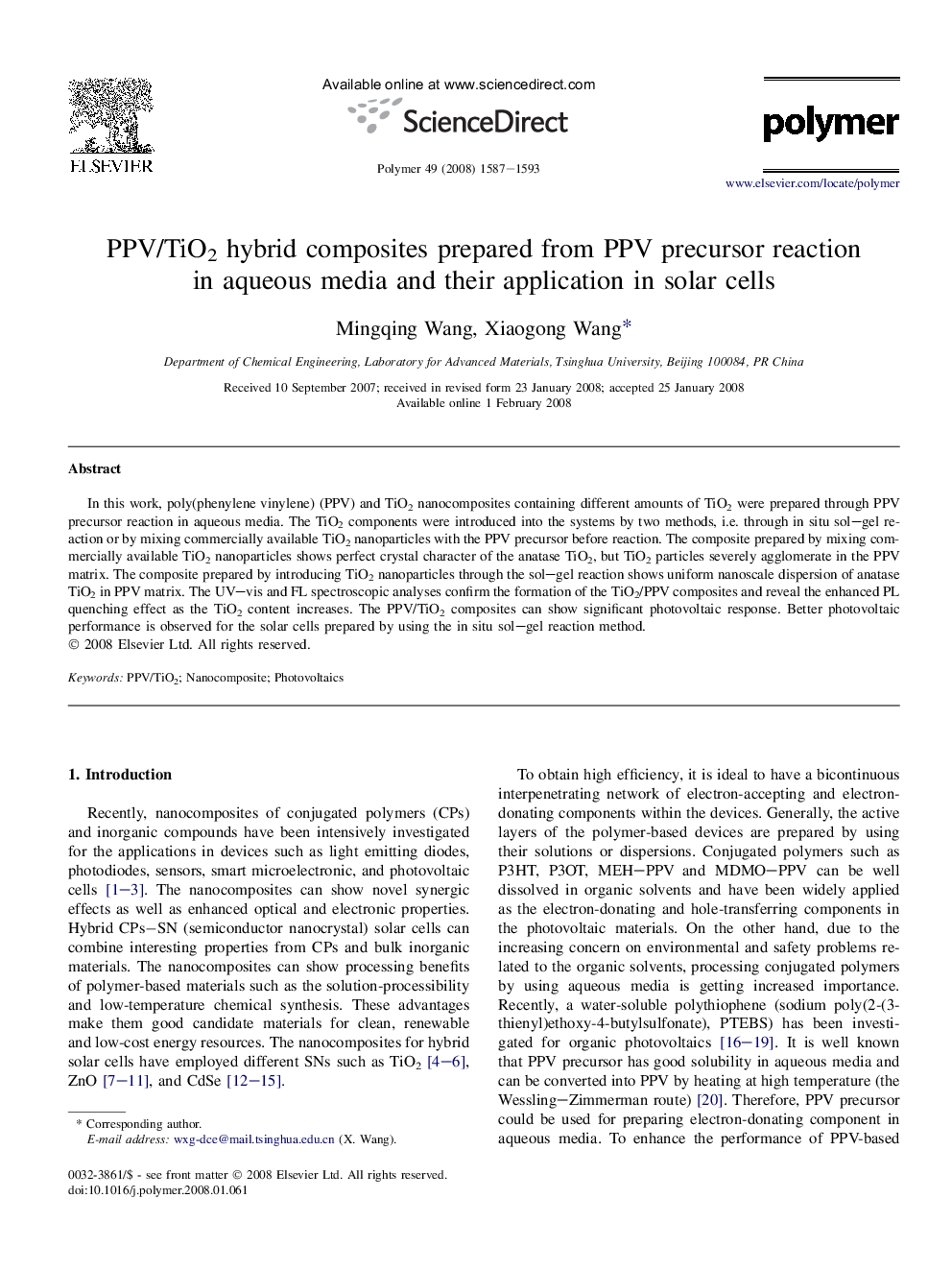 PPV/TiO2 hybrid composites prepared from PPV precursor reaction in aqueous media and their application in solar cells