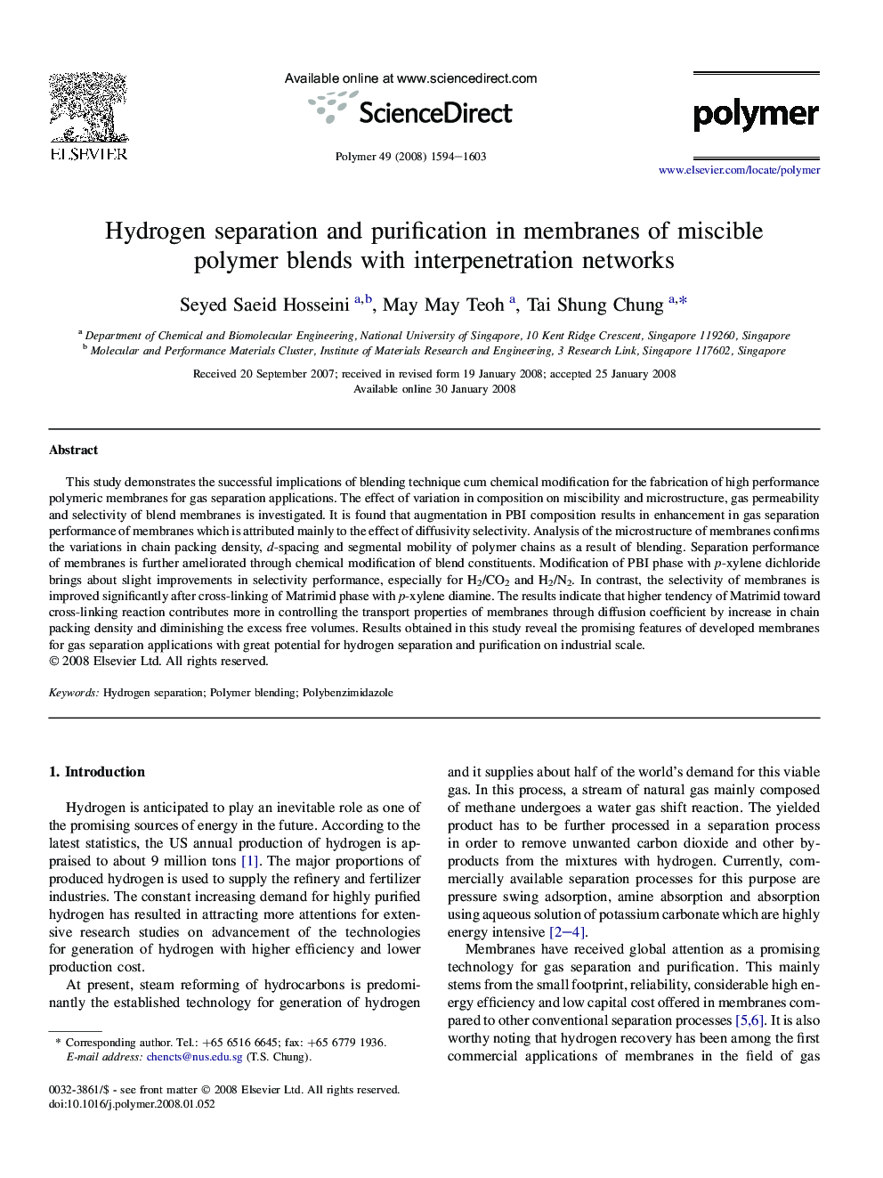 Hydrogen separation and purification in membranes of miscible polymer blends with interpenetration networks