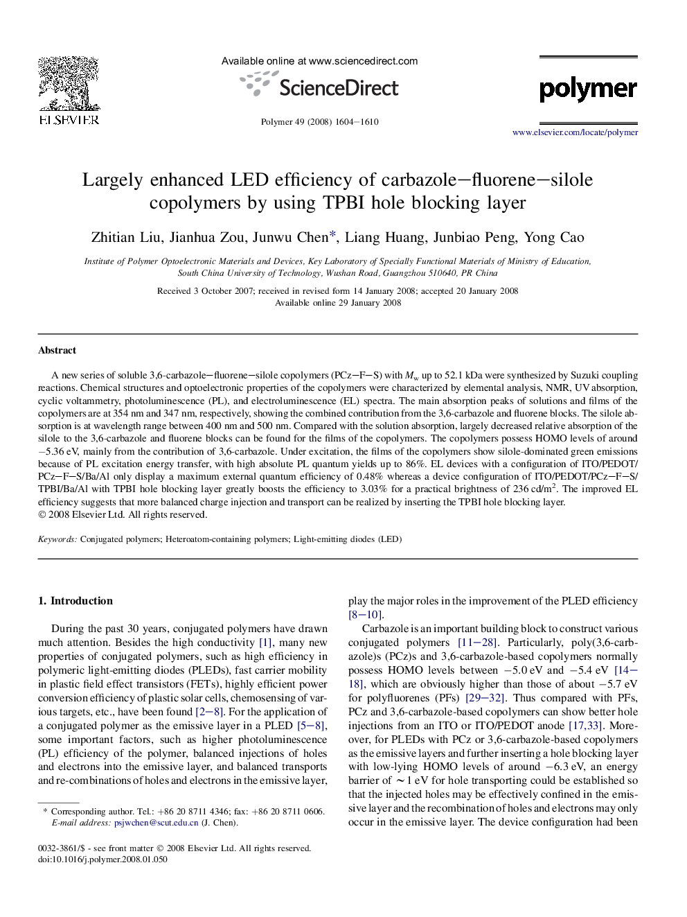 Largely enhanced LED efficiency of carbazole-fluorene-silole copolymers by using TPBI hole blocking layer