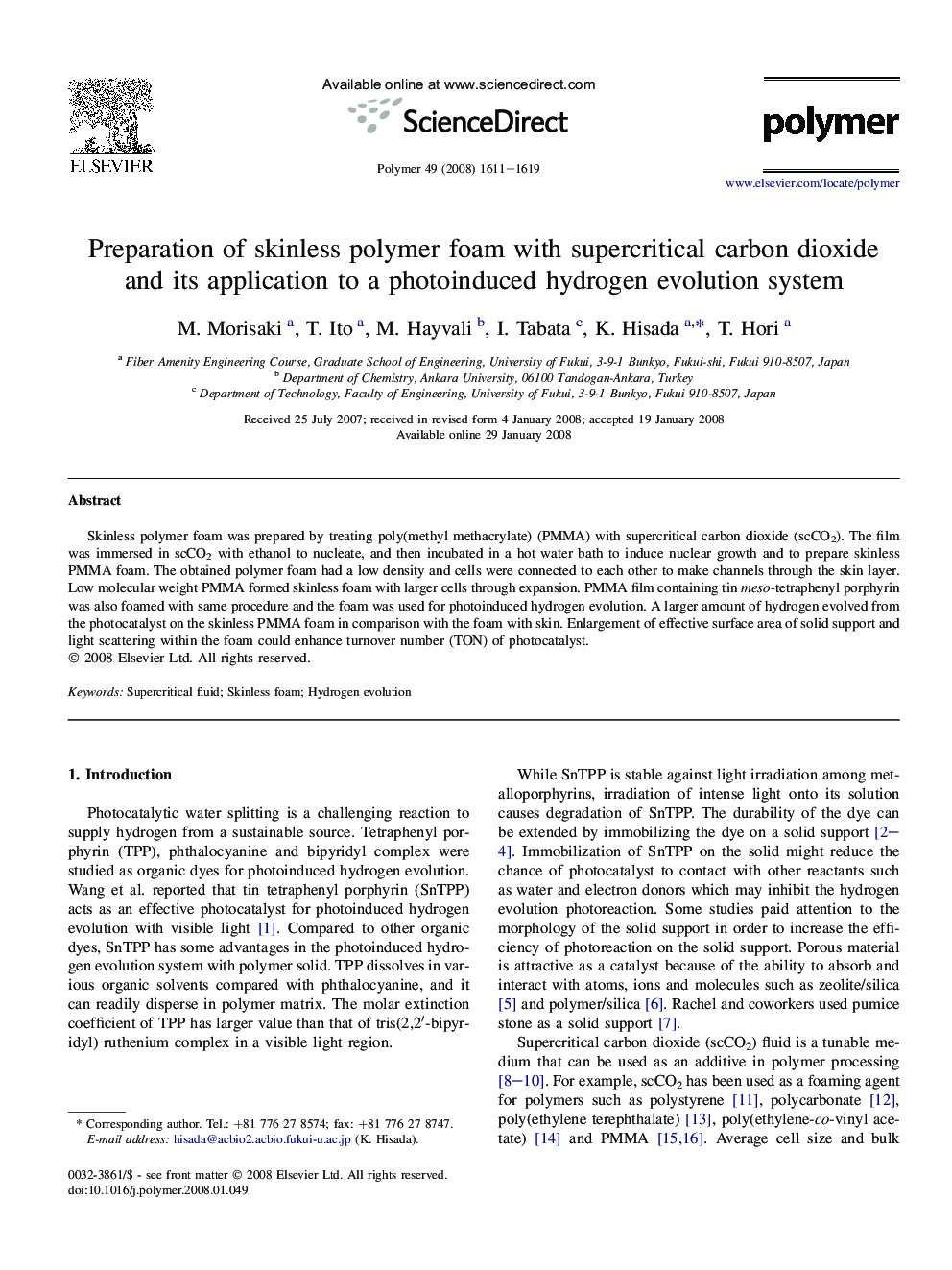 Preparation of skinless polymer foam with supercritical carbon dioxide and its application to a photoinduced hydrogen evolution system