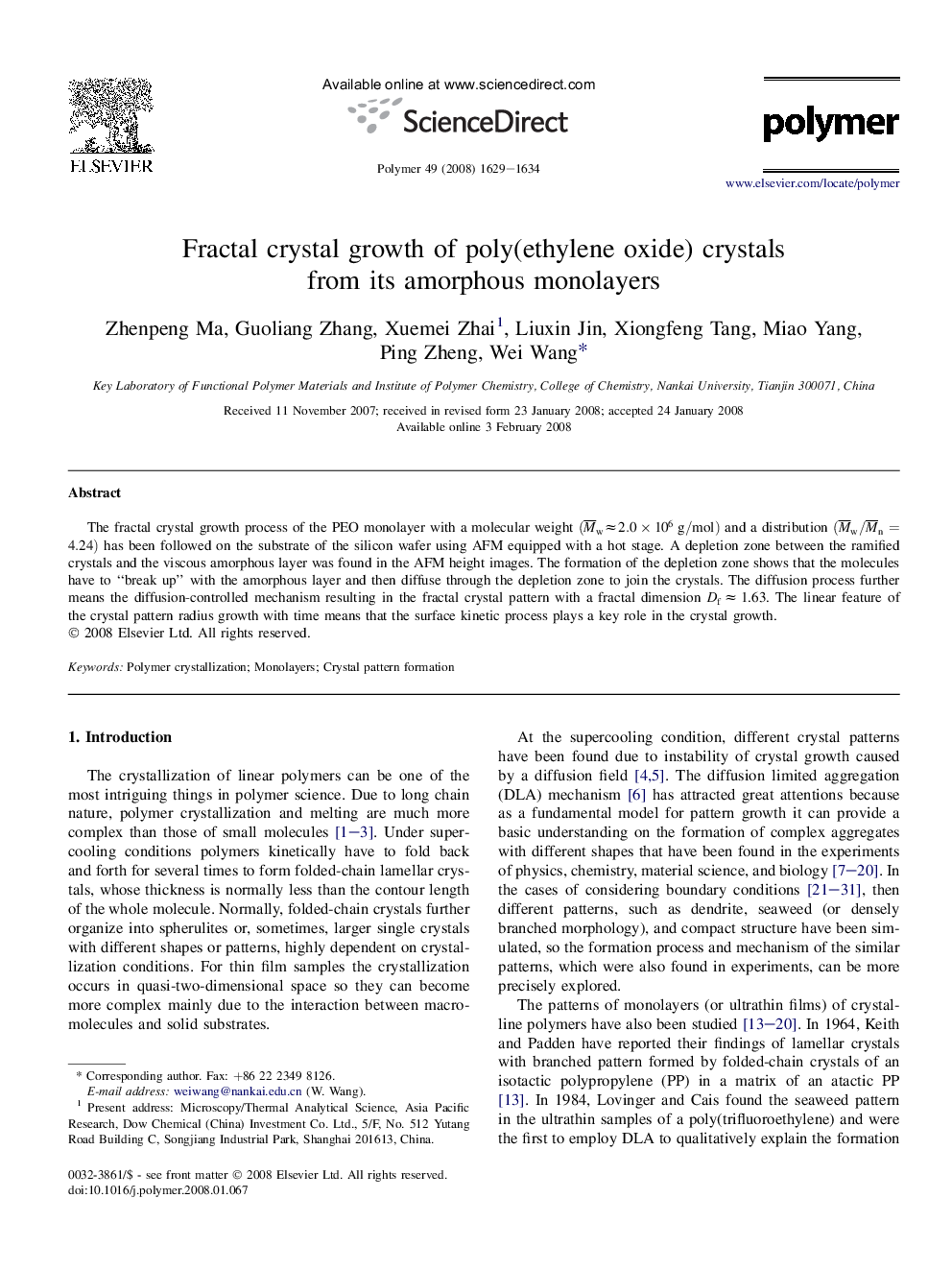 Fractal crystal growth of poly(ethylene oxide) crystals from its amorphous monolayers