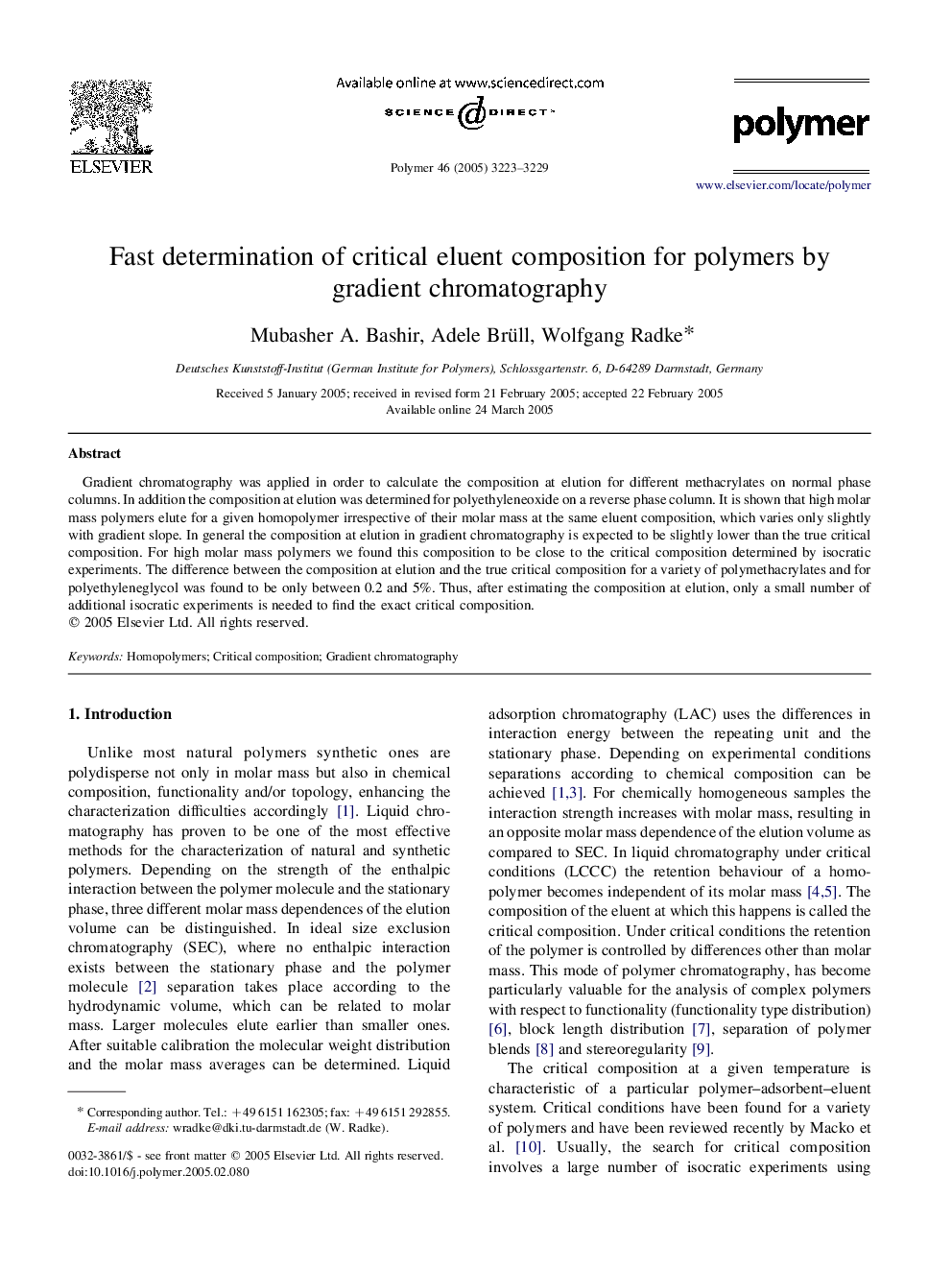 Fast determination of critical eluent composition for polymers by gradient chromatography