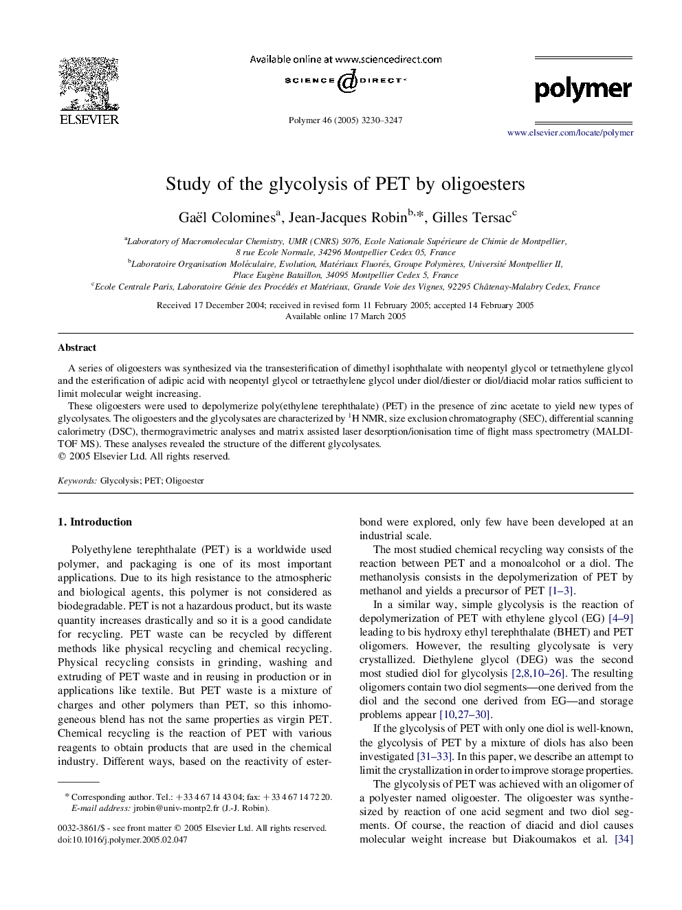 Study of the glycolysis of PET by oligoesters