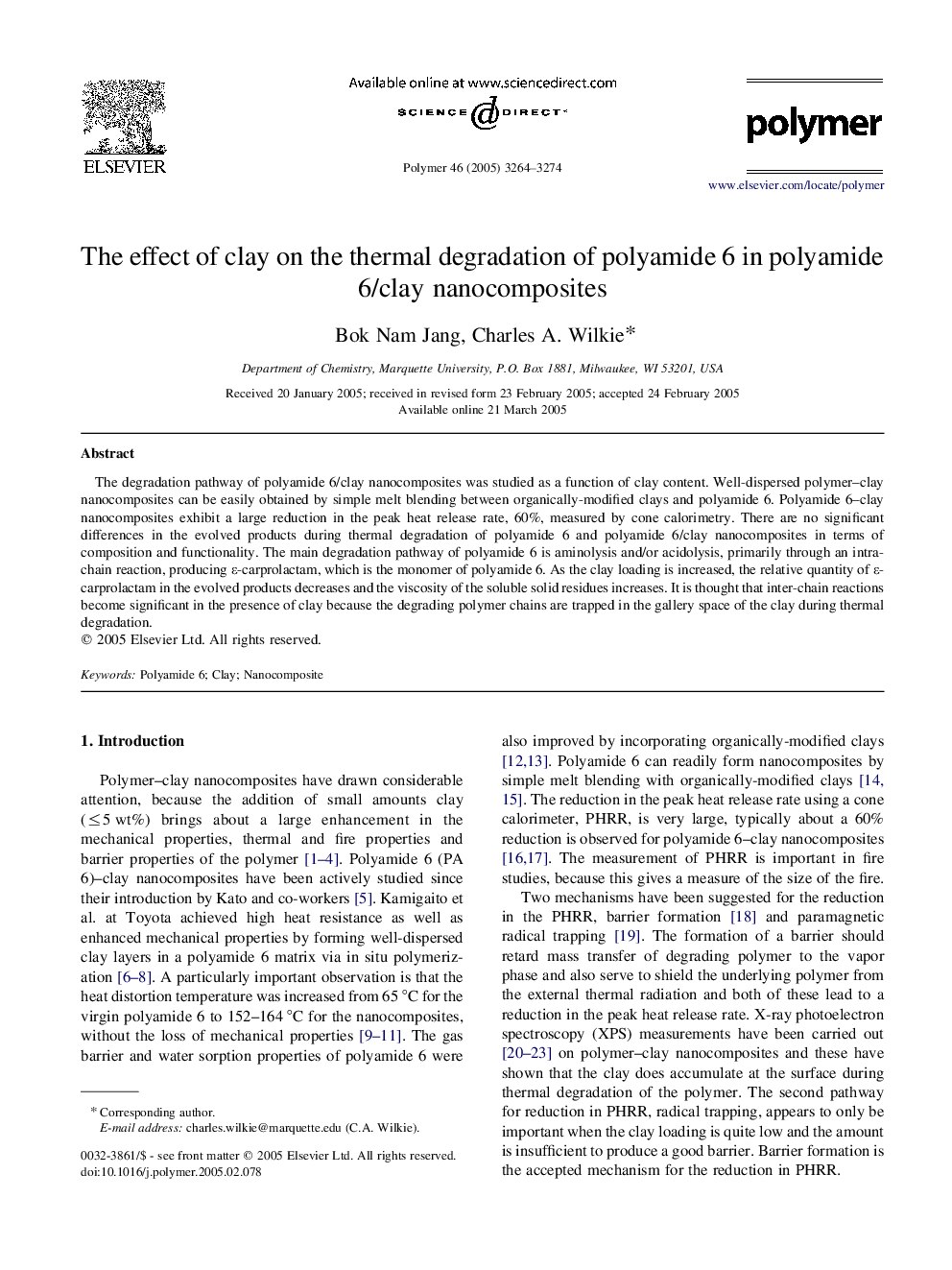 The effect of clay on the thermal degradation of polyamide 6 in polyamide 6/clay nanocomposites