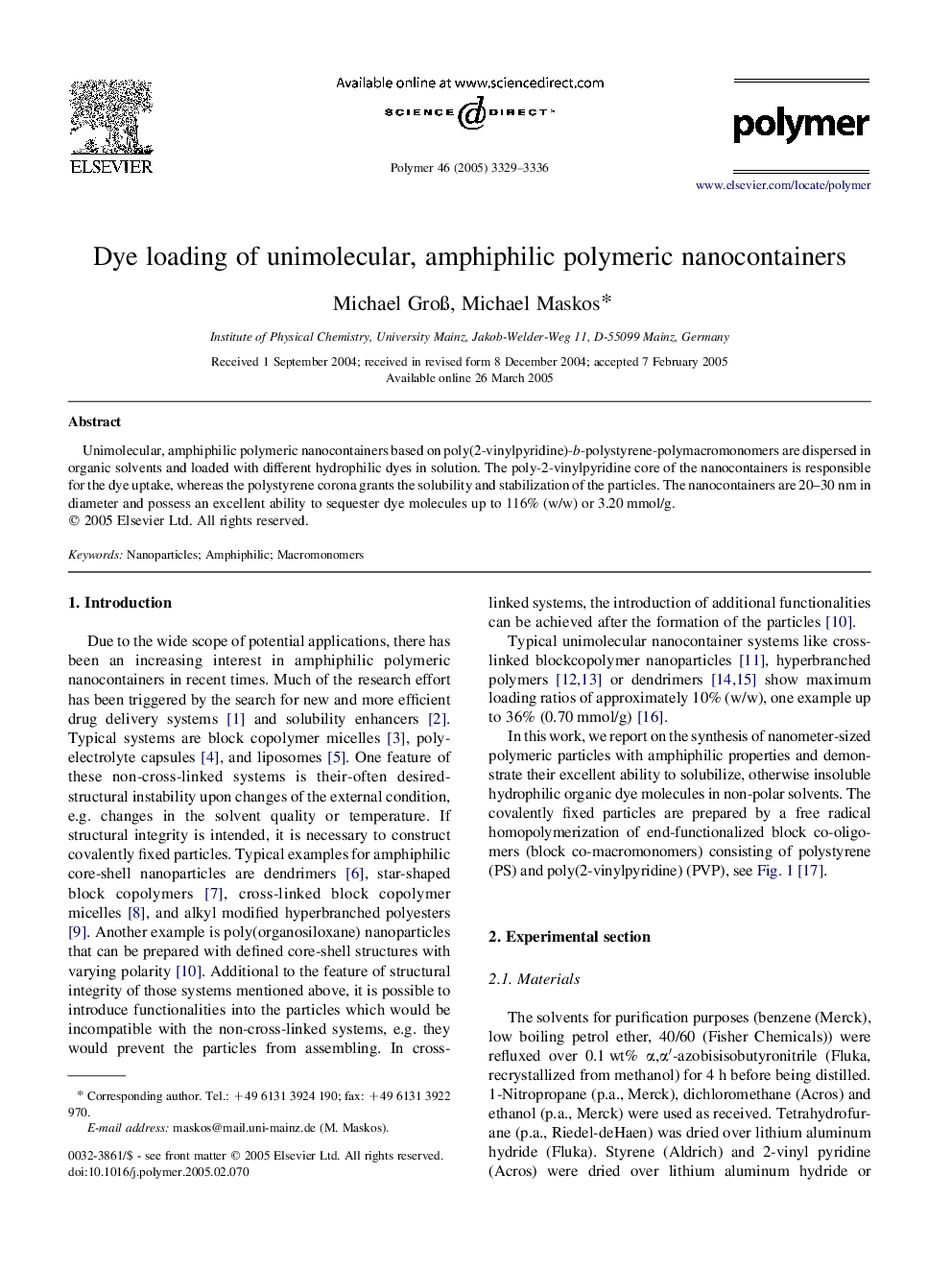 Dye loading of unimolecular, amphiphilic polymeric nanocontainers