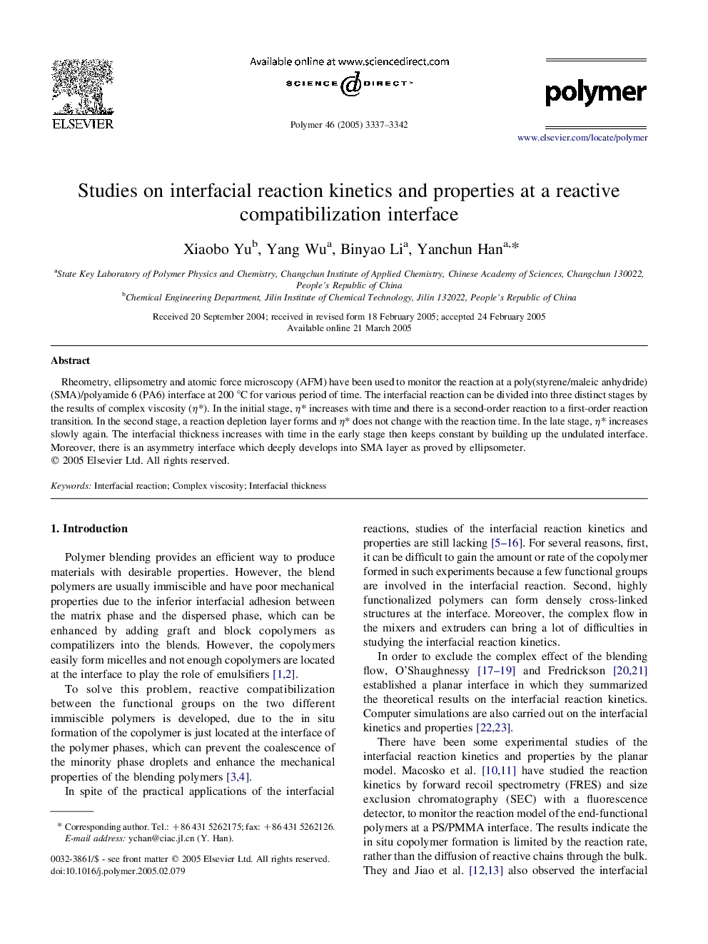 Studies on interfacial reaction kinetics and properties at a reactive compatibilization interface