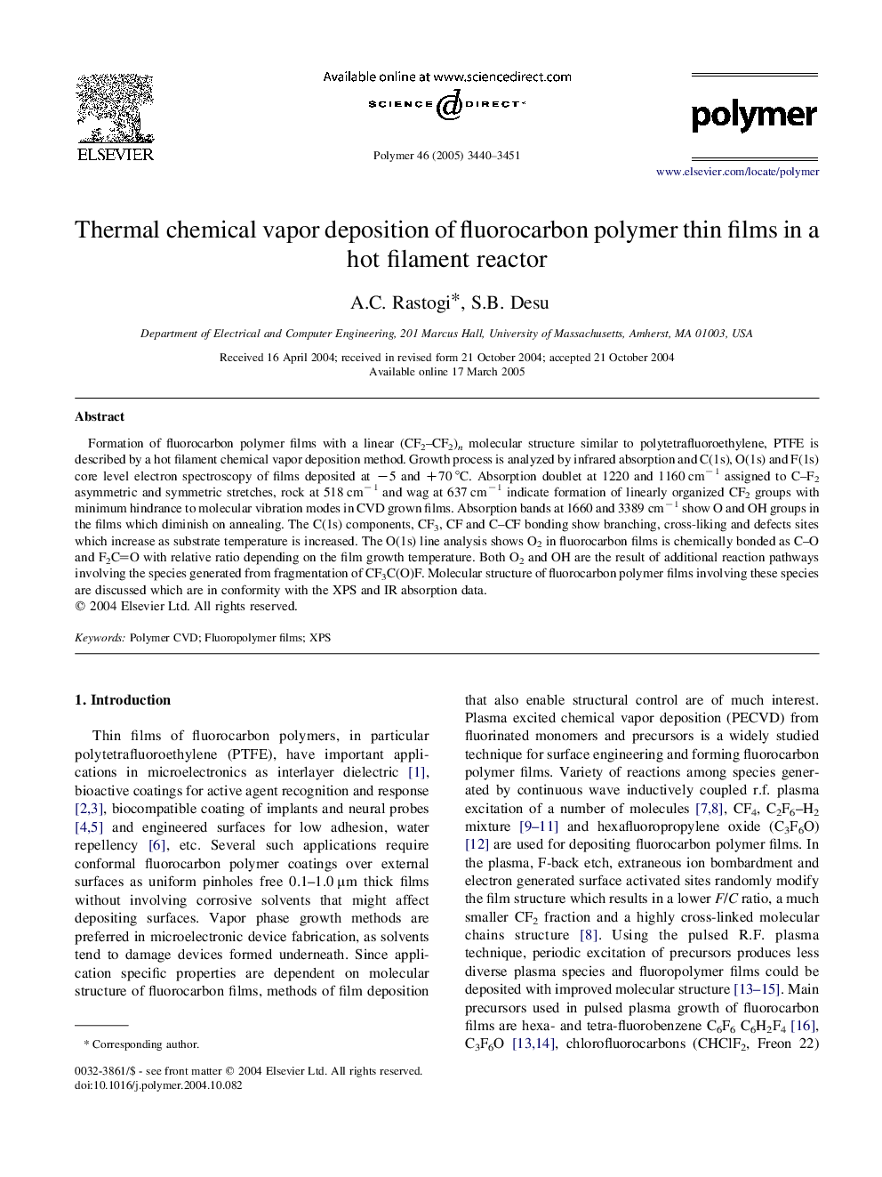 Thermal chemical vapor deposition of fluorocarbon polymer thin films in a hot filament reactor