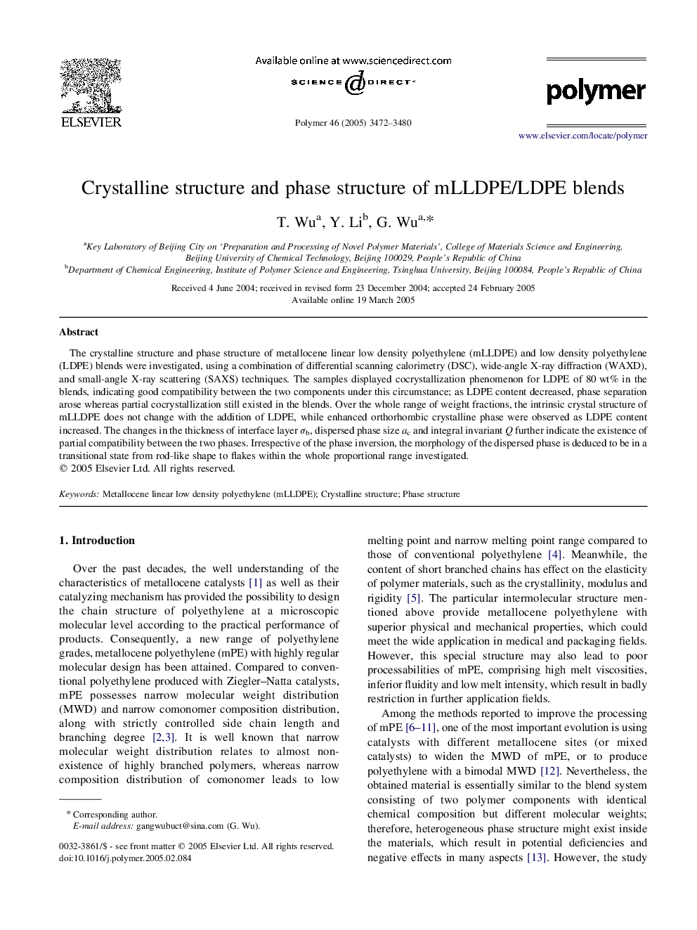 Crystalline structure and phase structure of mLLDPE/LDPE blends