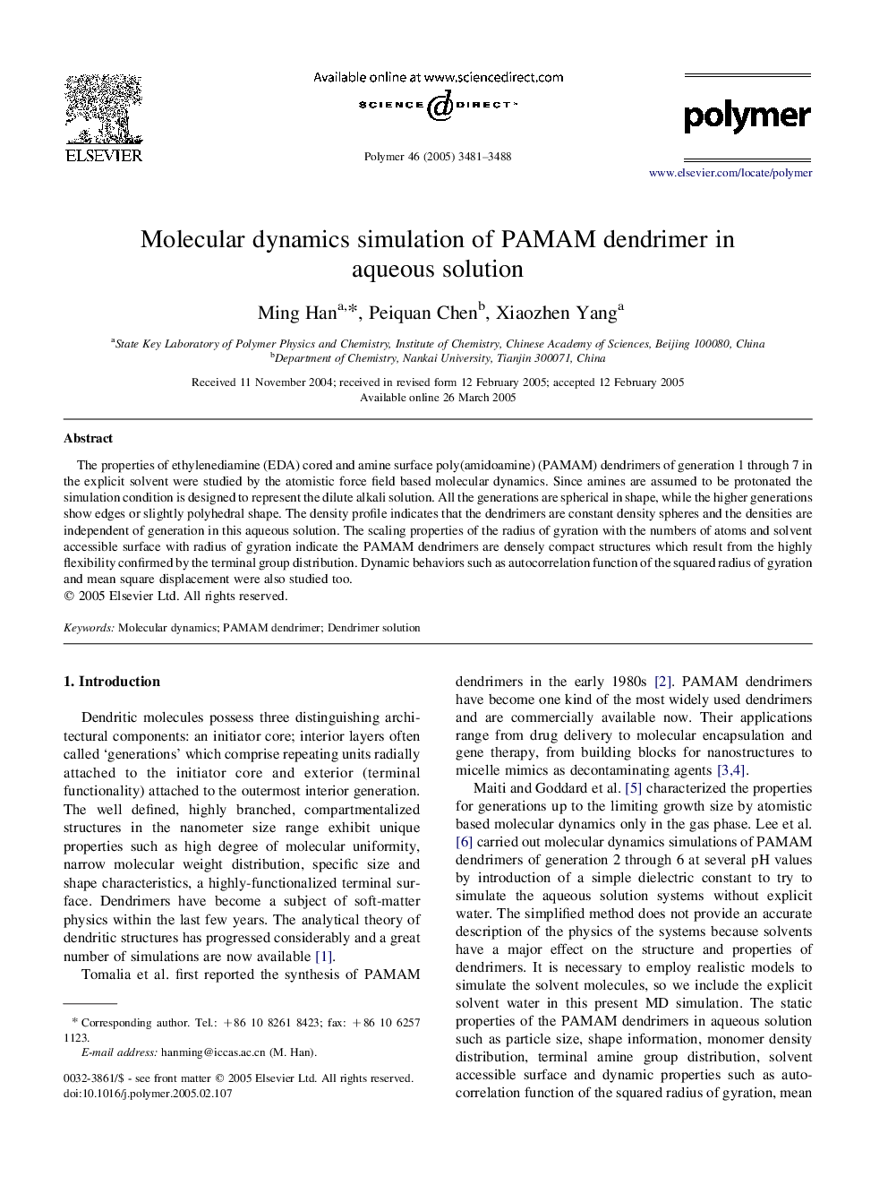 Molecular dynamics simulation of PAMAM dendrimer in aqueous solution