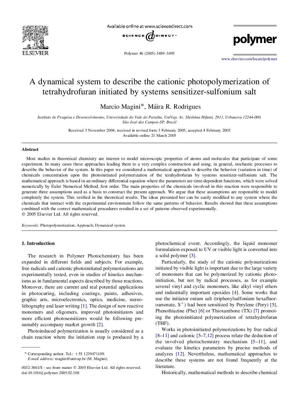 A dynamical system to describe the cationic photopolymerization of tetrahydrofuran initiated by systems sensitizer-sulfonium salt