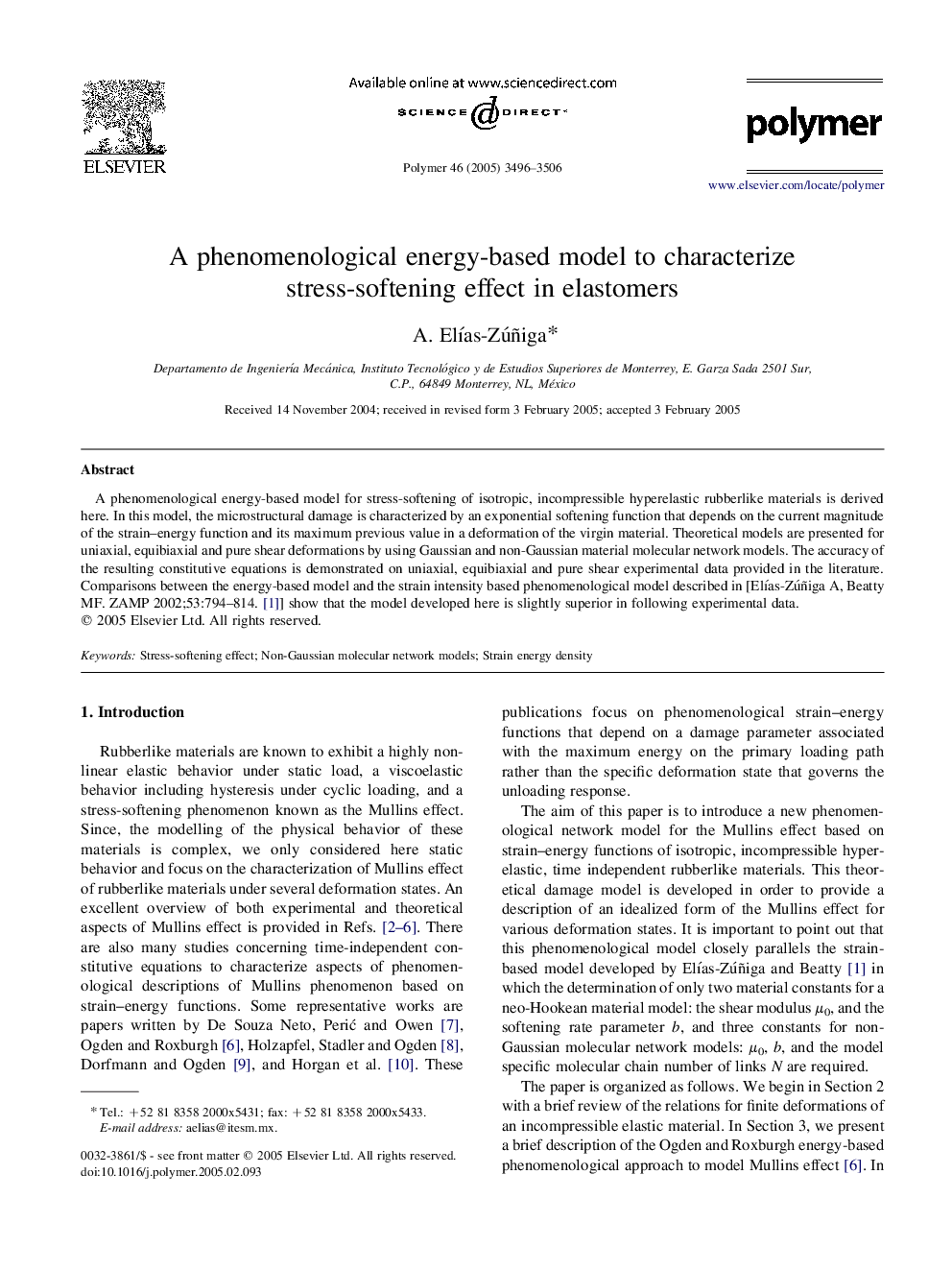 A phenomenological energy-based model to characterize stress-softening effect in elastomers