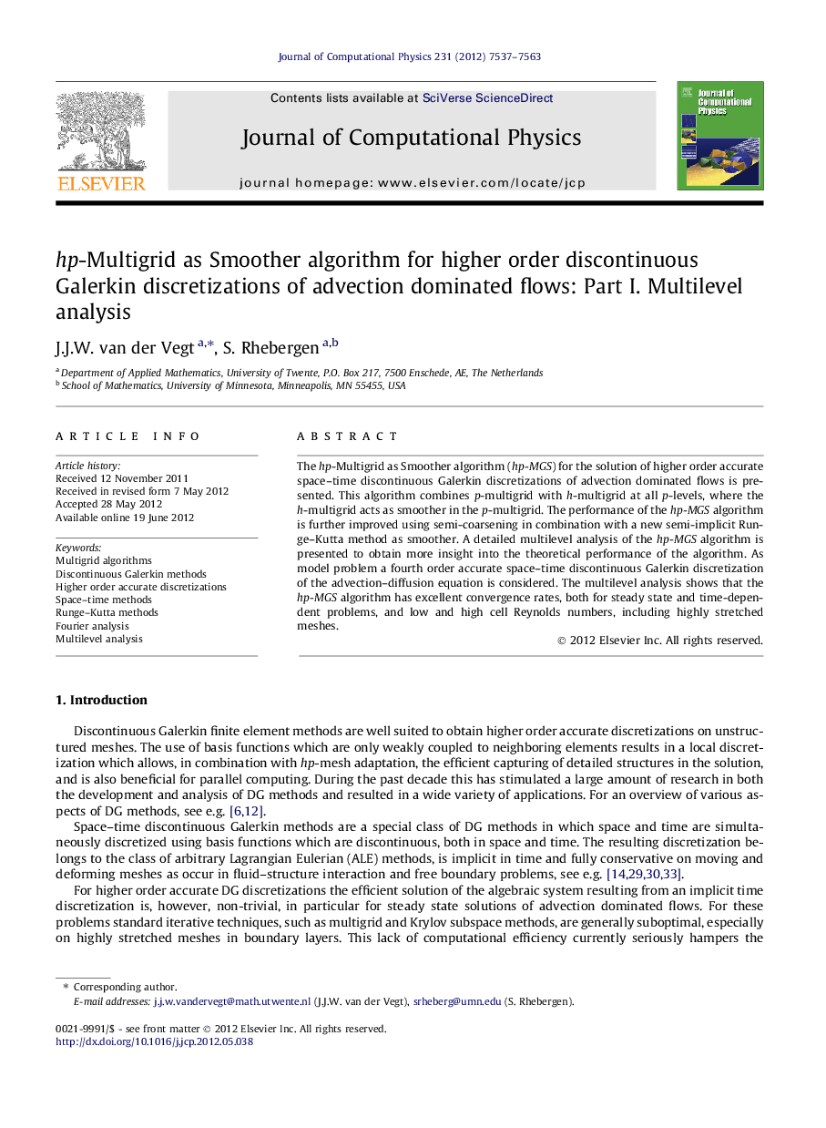 hp-Multigrid as Smoother algorithm for higher order discontinuous Galerkin discretizations of advection dominated flows: Part I. Multilevel analysis