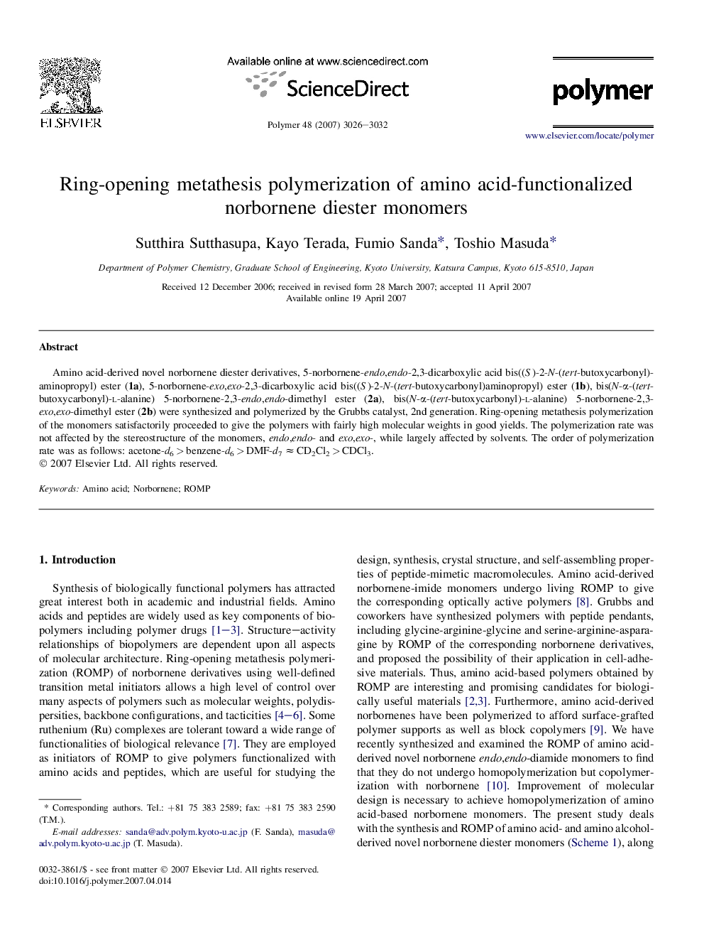 Ring-opening metathesis polymerization of amino acid-functionalized norbornene diester monomers