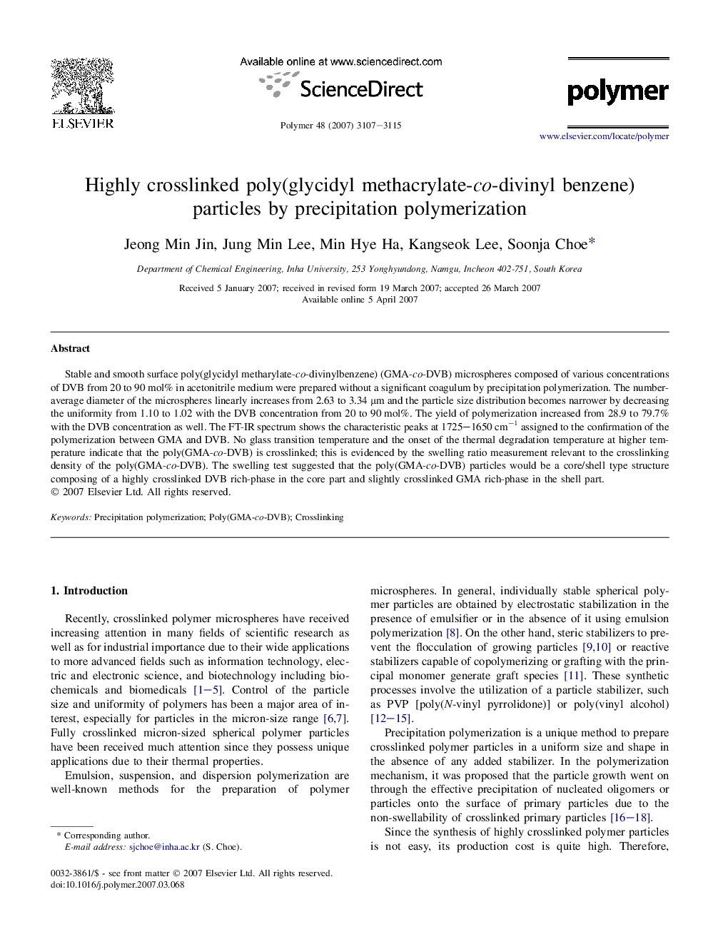 Highly crosslinked poly(glycidyl methacrylate-co-divinyl benzene) particles by precipitation polymerization