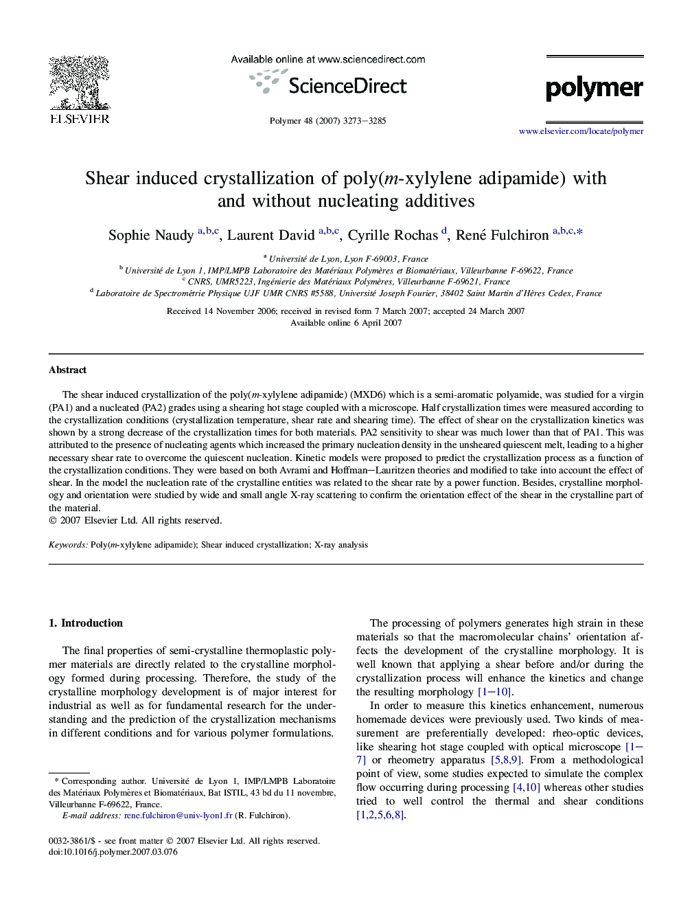 Shear induced crystallization of poly(m-xylylene adipamide) with and without nucleating additives