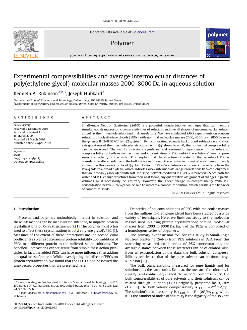 Experimental compressibilities and average intermolecular distances of poly(ethylene glycol) molecular masses 2000-8000Â Da in aqueous solution