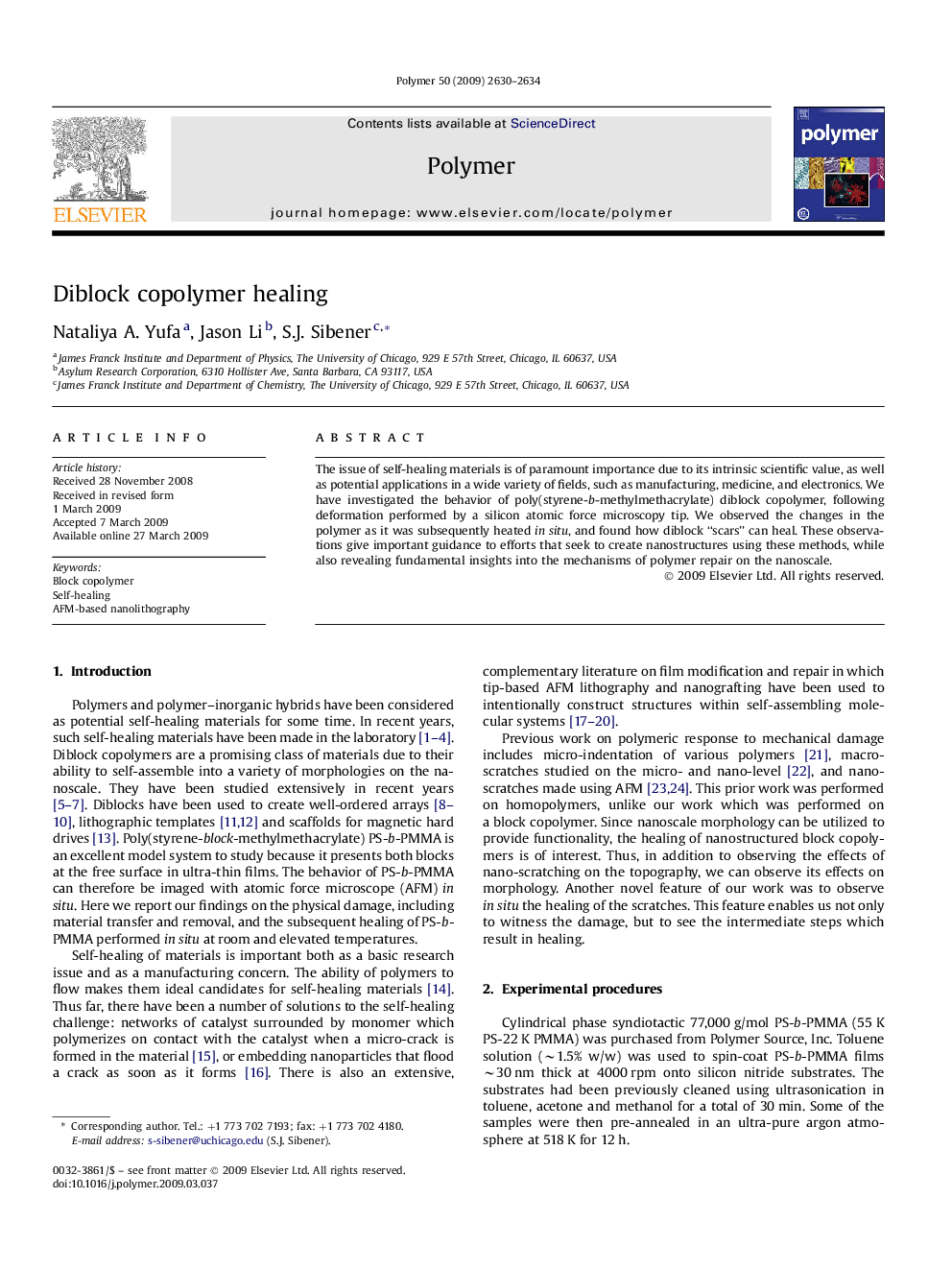 Diblock copolymer healing