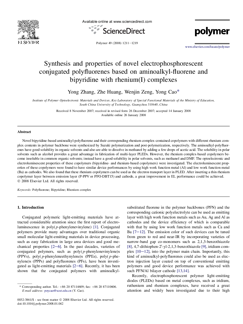 Synthesis and properties of novel electrophosphorescent conjugated polyfluorenes based on aminoalkyl-fluorene and bipyridine with rhenium(I) complexes