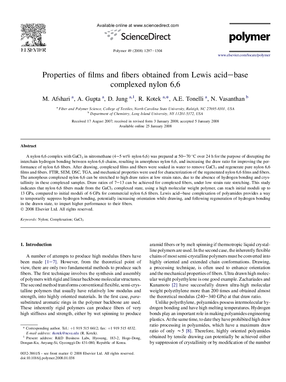 Properties of films and fibers obtained from Lewis acid-base complexedÂ nylon 6,6