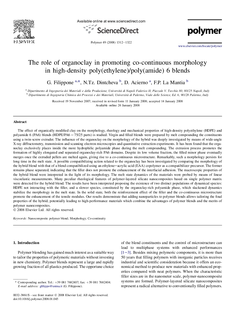 The role of organoclay in promoting co-continuous morphology in high-density poly(ethylene)/poly(amide) 6 blends