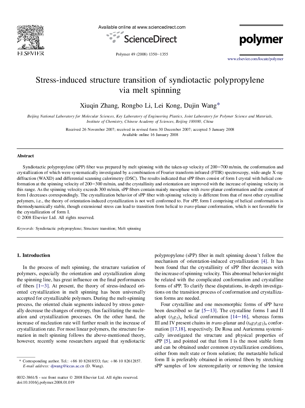 Stress-induced structure transition of syndiotactic polypropylene viaÂ meltÂ spinning