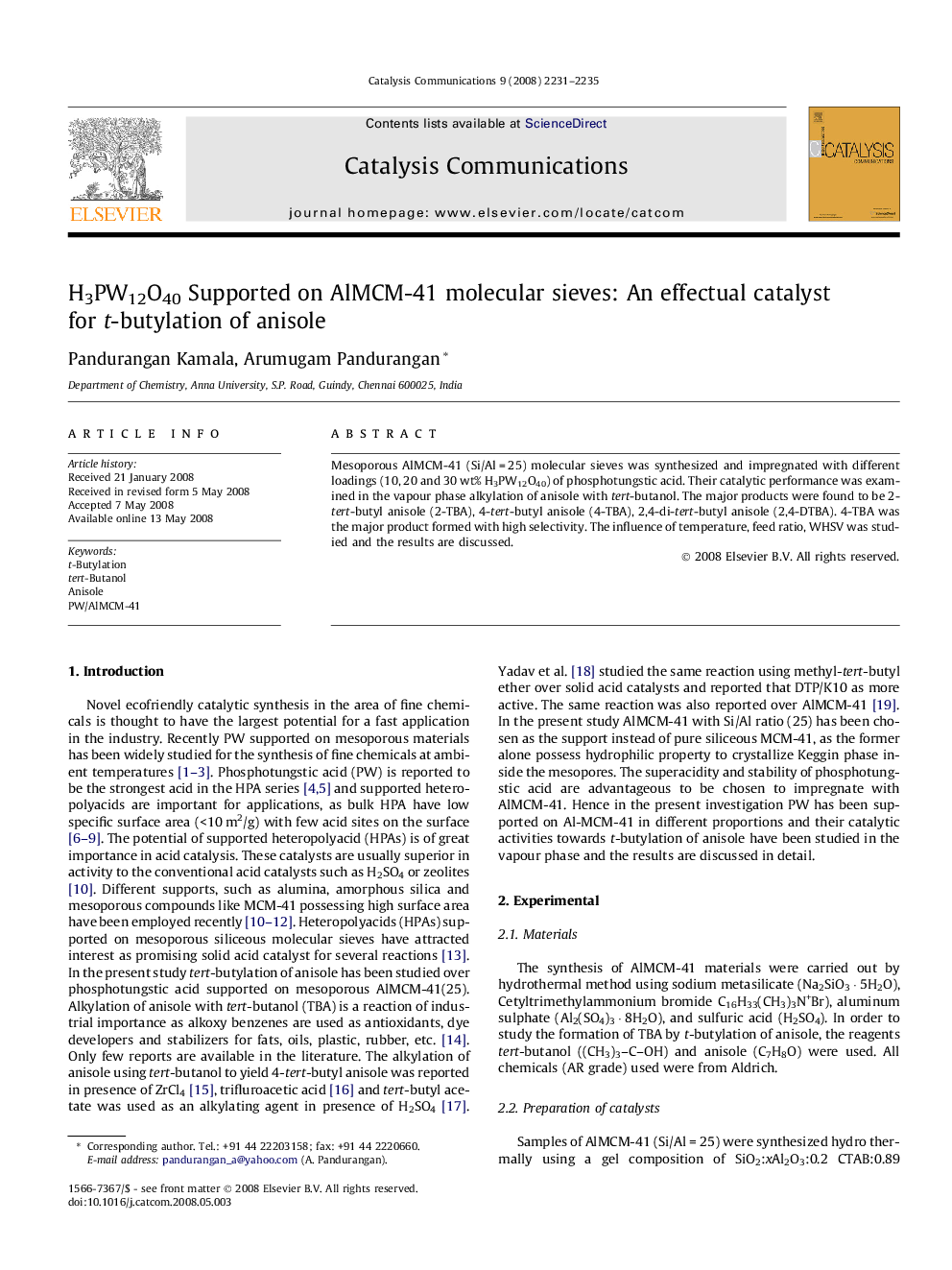 H3PW12O40 Supported on AlMCM-41 molecular sieves: An effectual catalyst for t-butylation of anisole