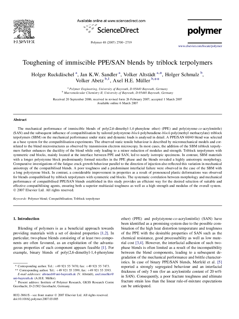 Toughening of immiscible PPE/SAN blends by triblock terpolymers