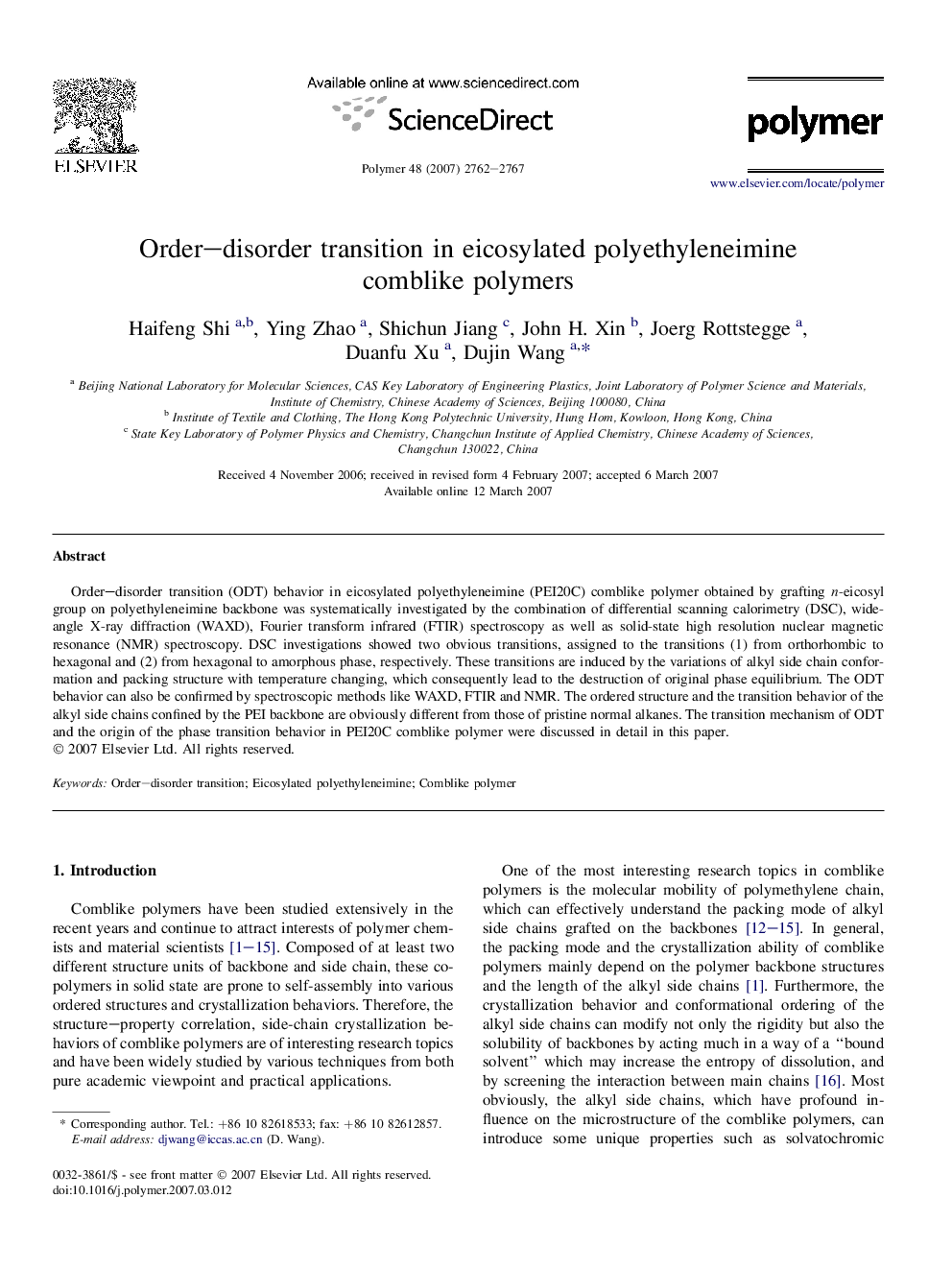 Order-disorder transition in eicosylated polyethyleneimine comblike polymers