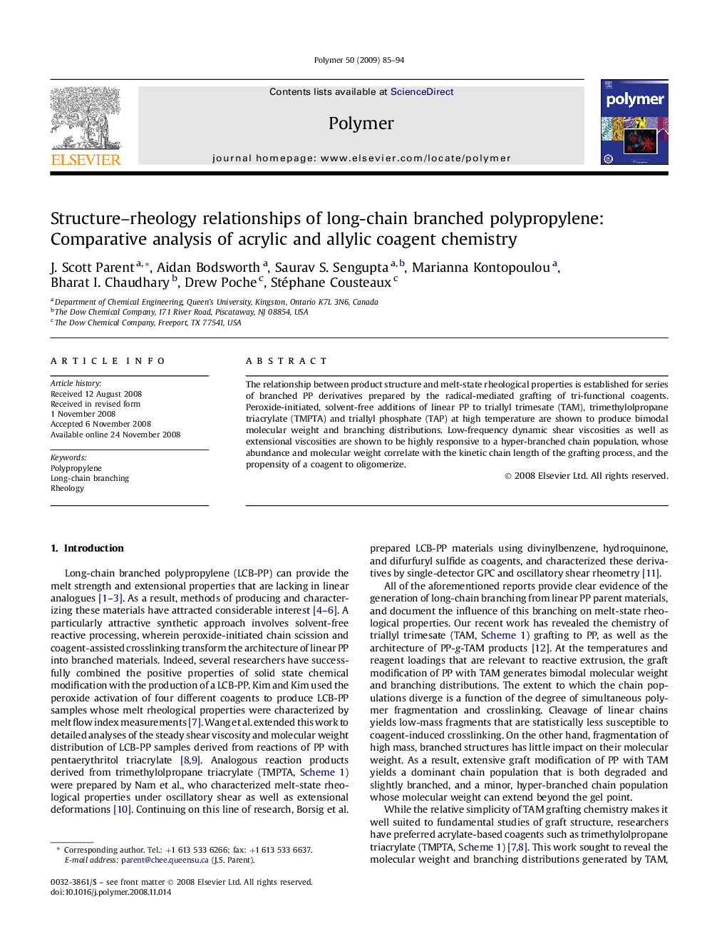 Structure-rheology relationships of long-chain branched polypropylene: Comparative analysis of acrylic and allylic coagent chemistry