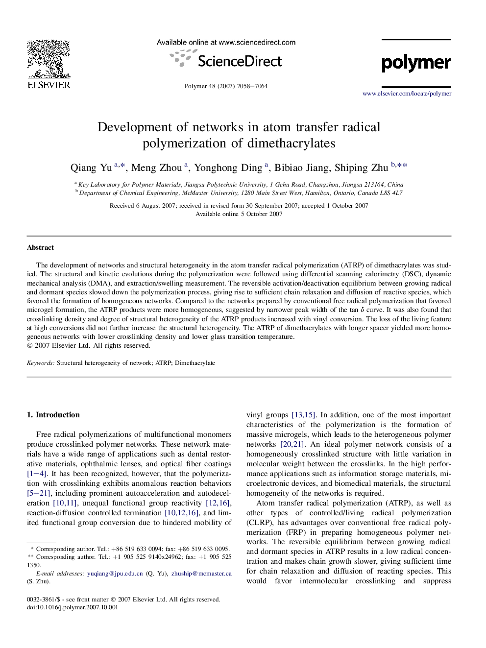 Development of networks in atom transfer radical polymerization of dimethacrylates