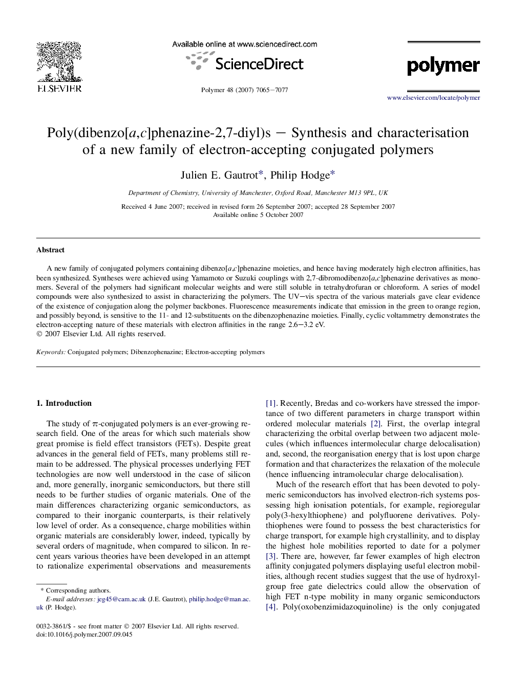 Poly(dibenzo[a,c]phenazine-2,7-diyl)s - Synthesis and characterisation of a new family of electron-accepting conjugated polymers