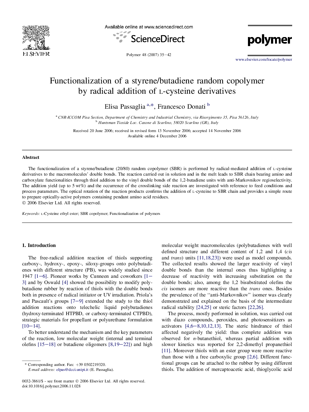 Functionalization of a styrene/butadiene random copolymer by radical addition of l-cysteine derivatives