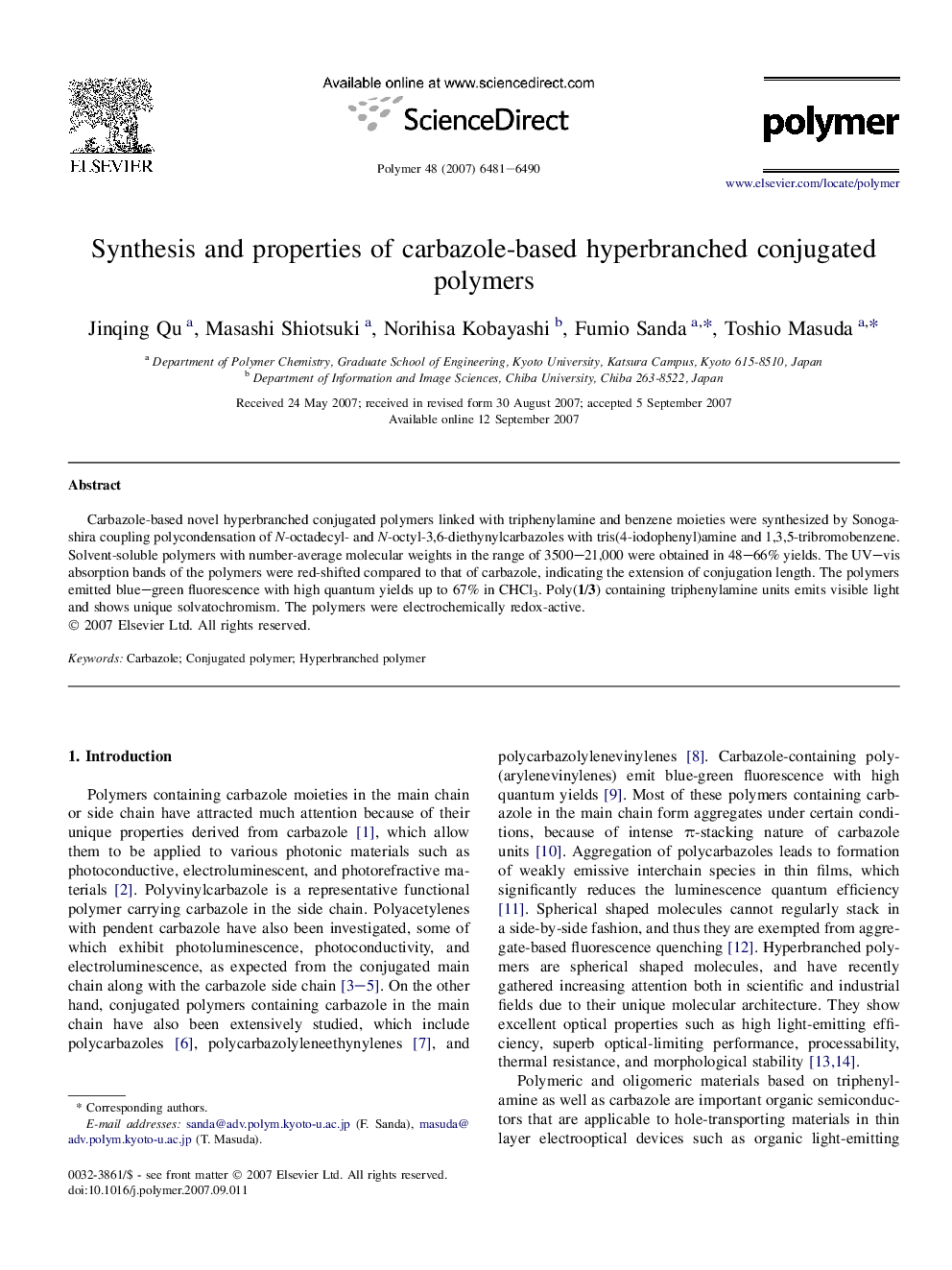 Synthesis and properties of carbazole-based hyperbranched conjugated polymers