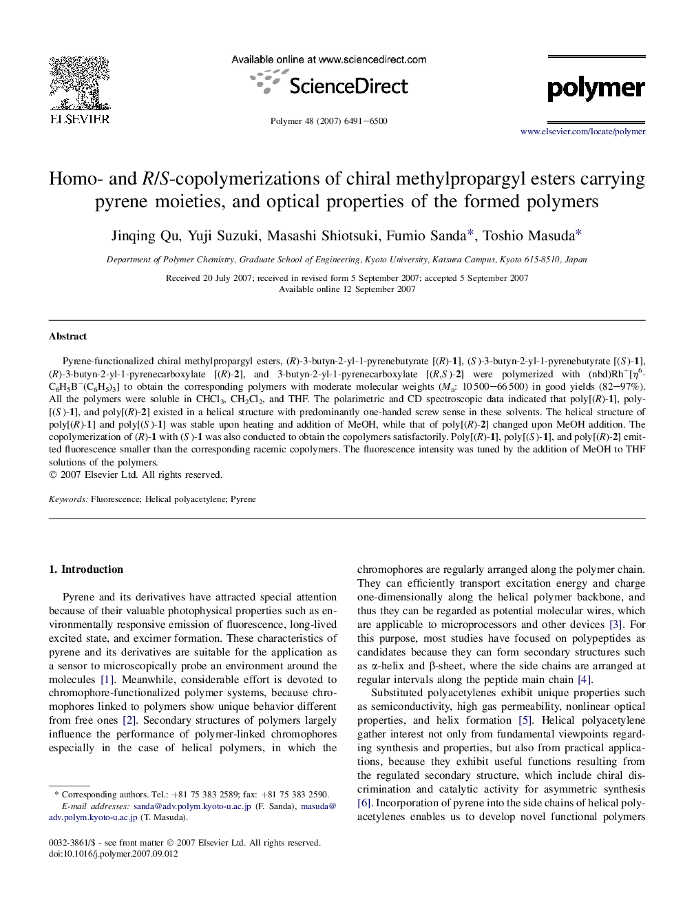 Homo- and R/S-copolymerizations of chiral methylpropargyl esters carrying pyrene moieties, and optical properties of the formed polymers