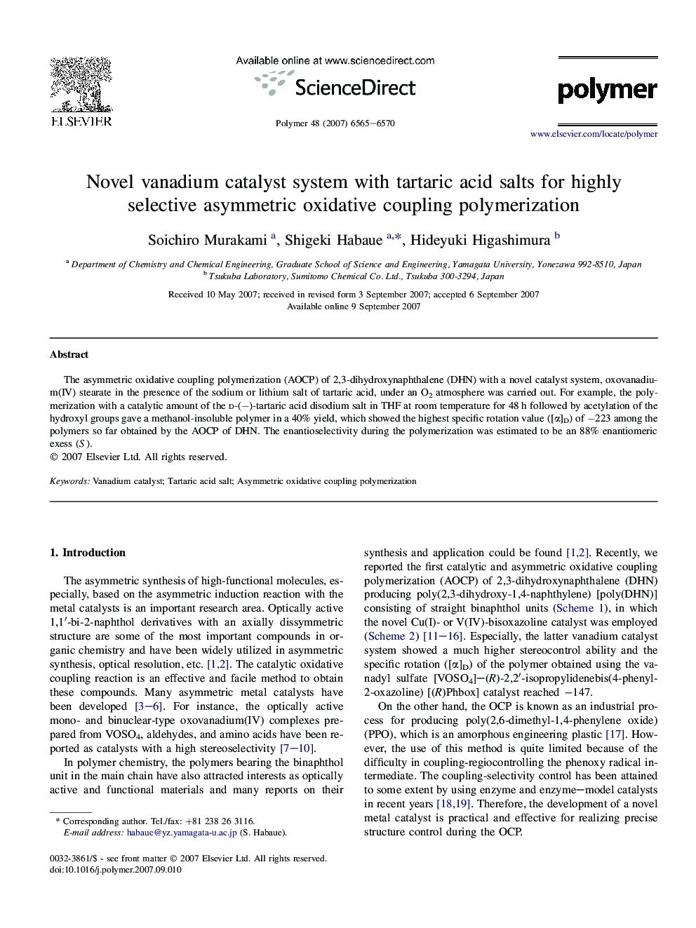 Novel vanadium catalyst system with tartaric acid salts for highly selective asymmetric oxidative coupling polymerization