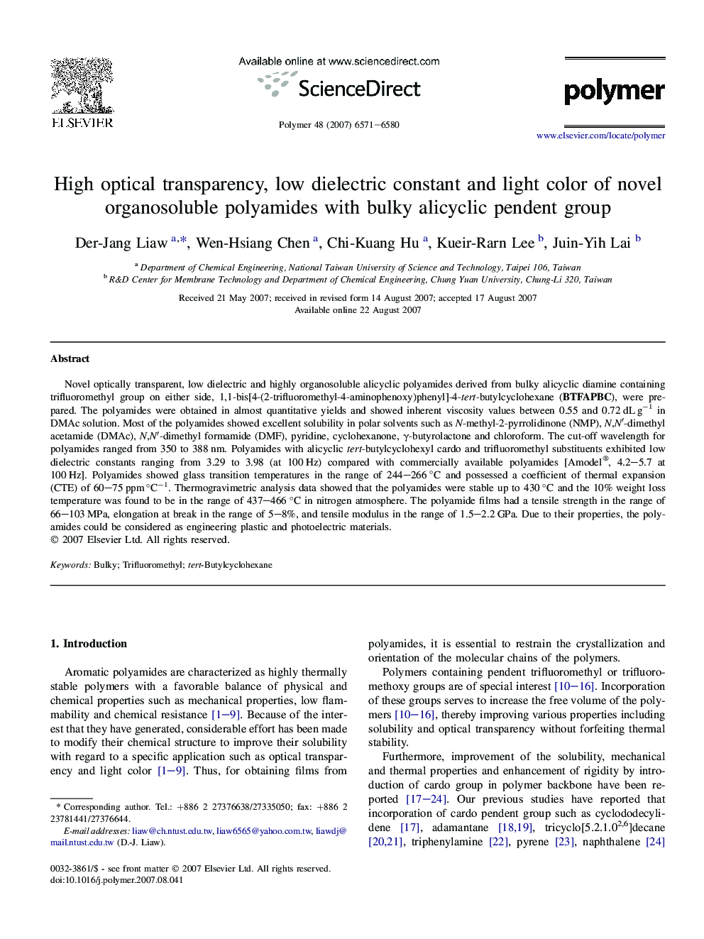 High optical transparency, low dielectric constant and light color of novel organosoluble polyamides with bulky alicyclic pendent group