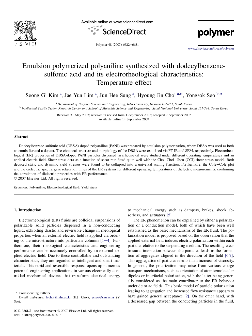 Emulsion polymerized polyaniline synthesized with dodecylbenzene-sulfonic acid and its electrorheological characteristics: Temperature effect