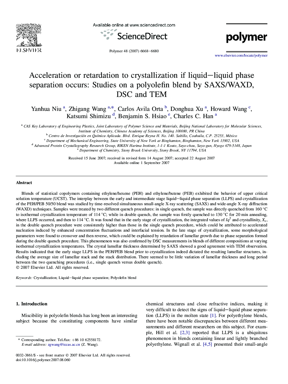 Acceleration or retardation to crystallization if liquid-liquid phase separation occurs: Studies on a polyolefin blend by SAXS/WAXD, DSC and TEM