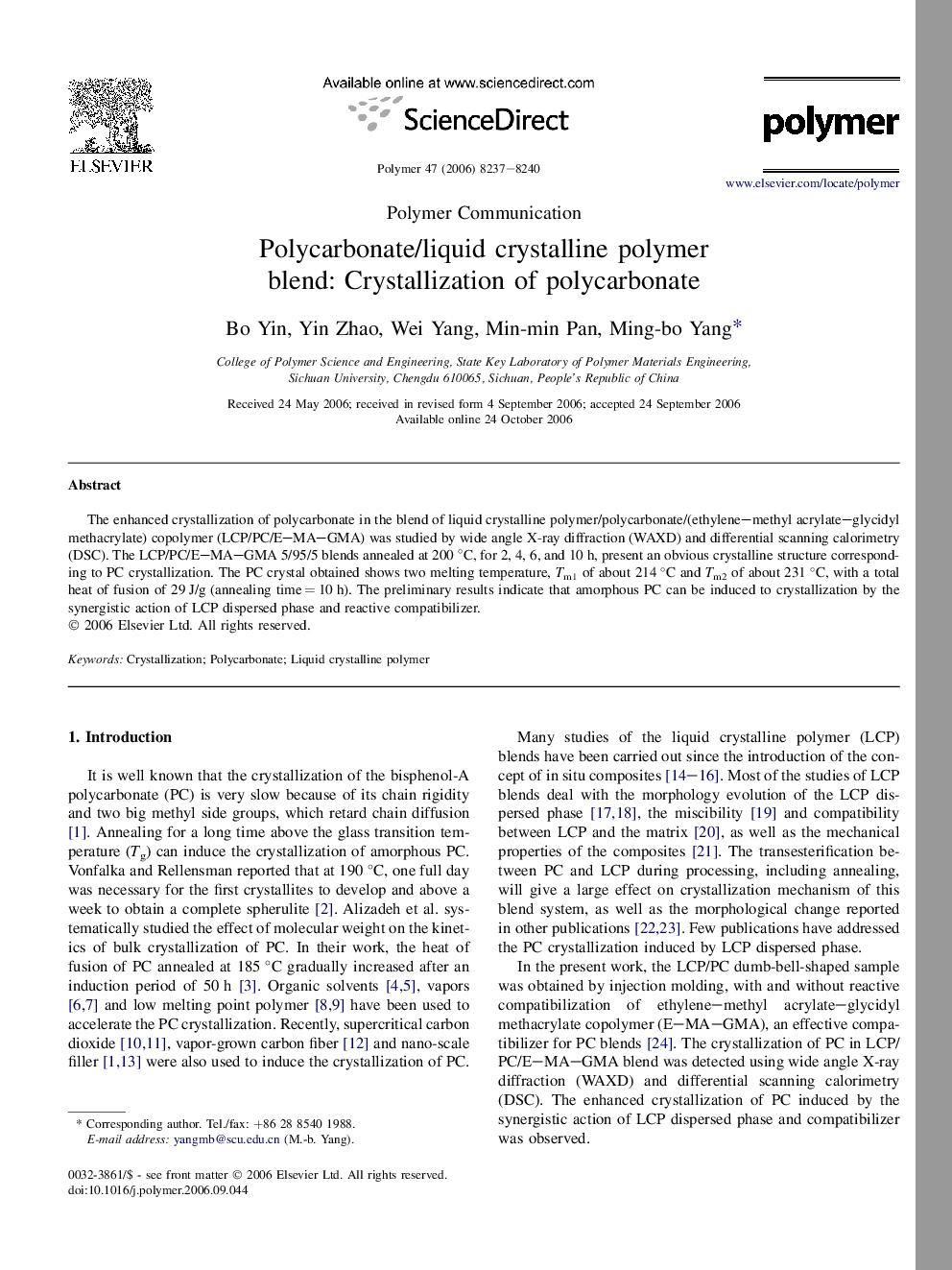 Polycarbonate/liquid crystalline polymer blend: Crystallization of polycarbonate