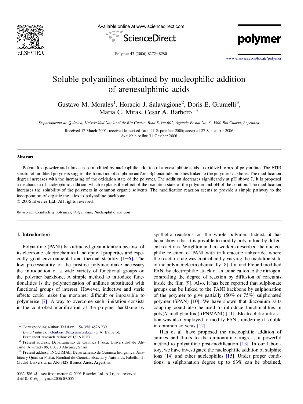 Soluble polyanilines obtained by nucleophilic addition of arenesulphinic acids