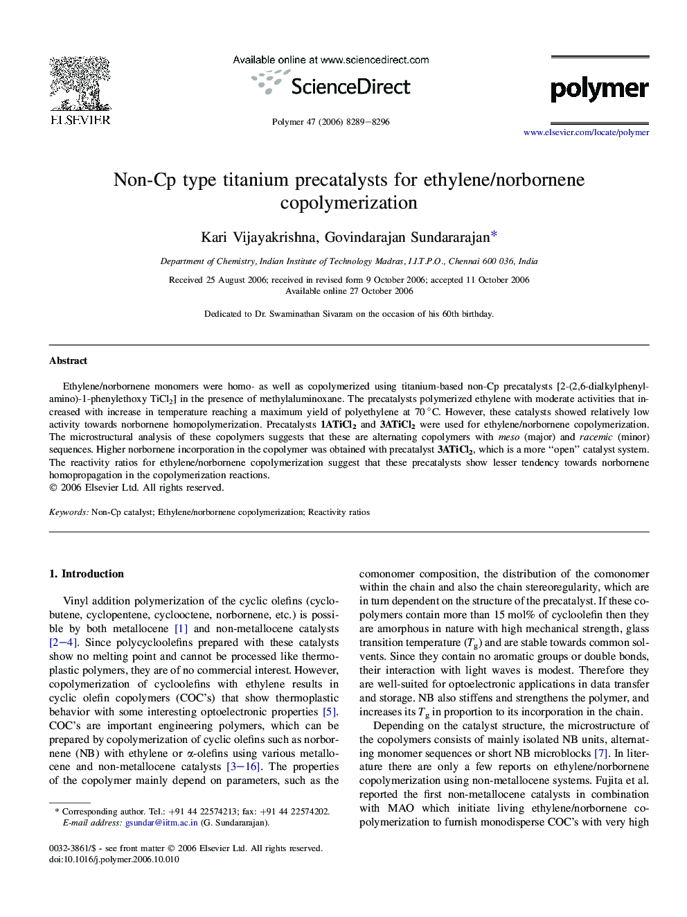 Non-Cp type titanium precatalysts for ethylene/norbornene copolymerization