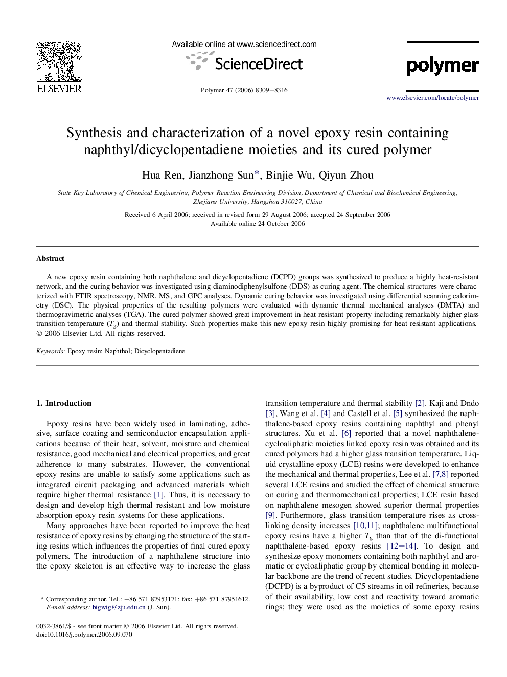 Synthesis and characterization of a novel epoxy resin containing naphthyl/dicyclopentadiene moieties and its cured polymer