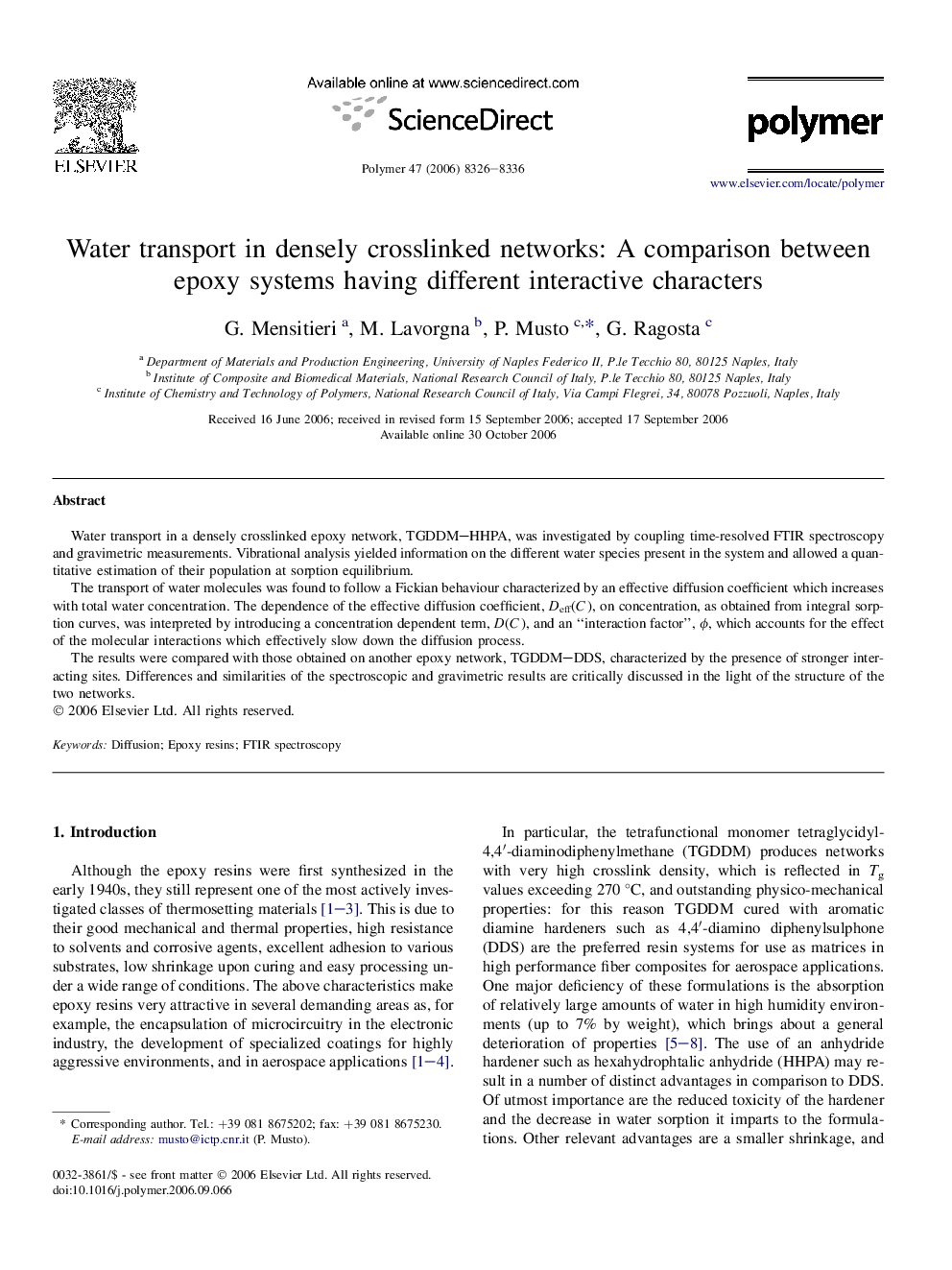 Water transport in densely crosslinked networks: A comparison between epoxy systems having different interactive characters